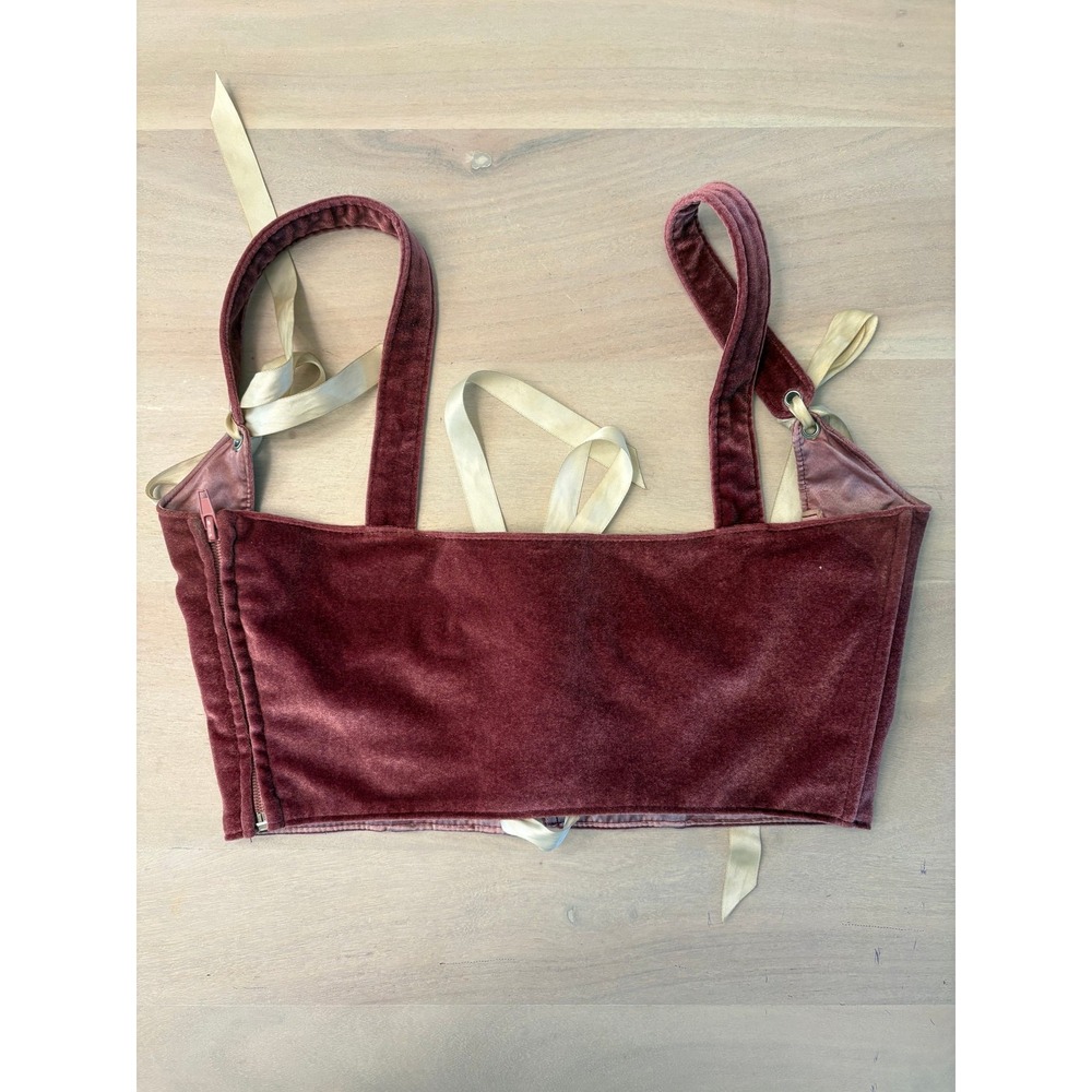 Sugar Trill Burgundy Velvet Corset Bustier Crop Top Ivory Ribbon LaceUp S - Picture 2 of 12